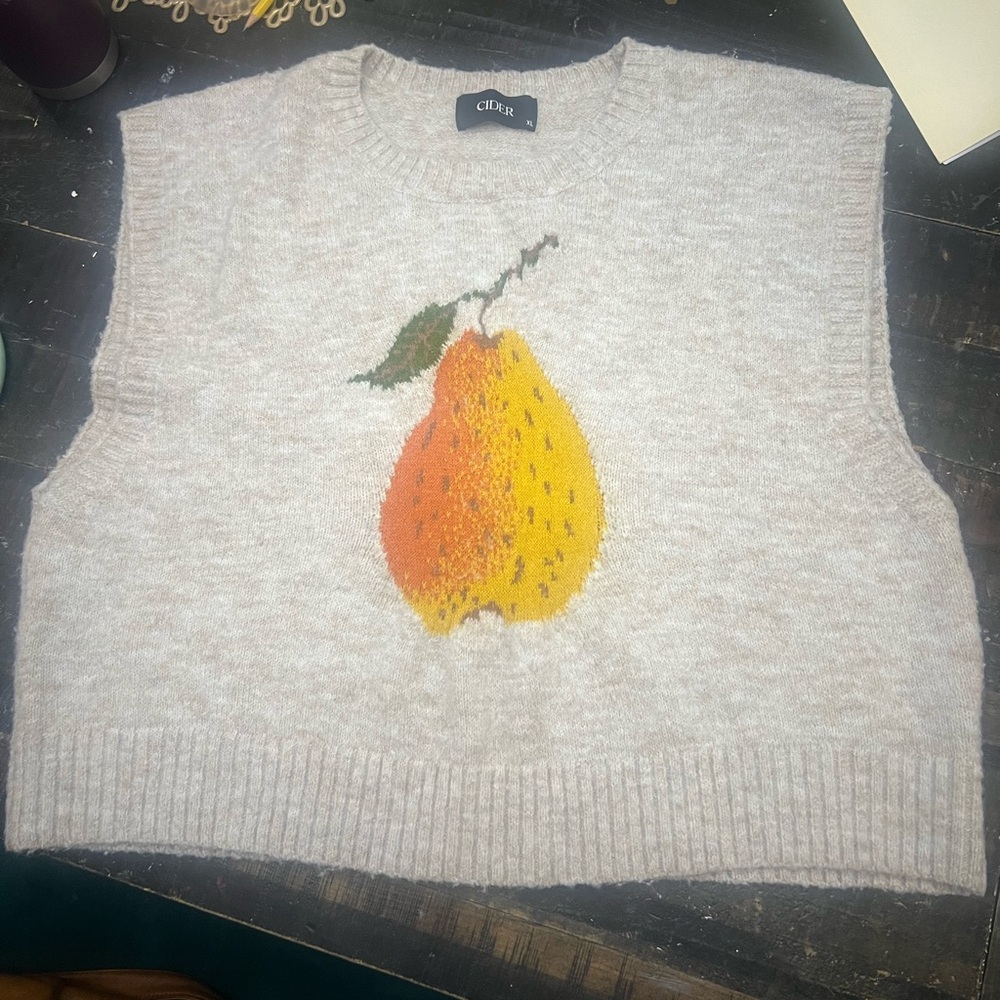 Cider Beige Sweater Vest with Pear Fruit Design